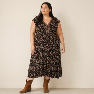 Old Navy Black Pink Paisley Floral‎ Midi Dress Size XXL Boho Prairie Cottagecore